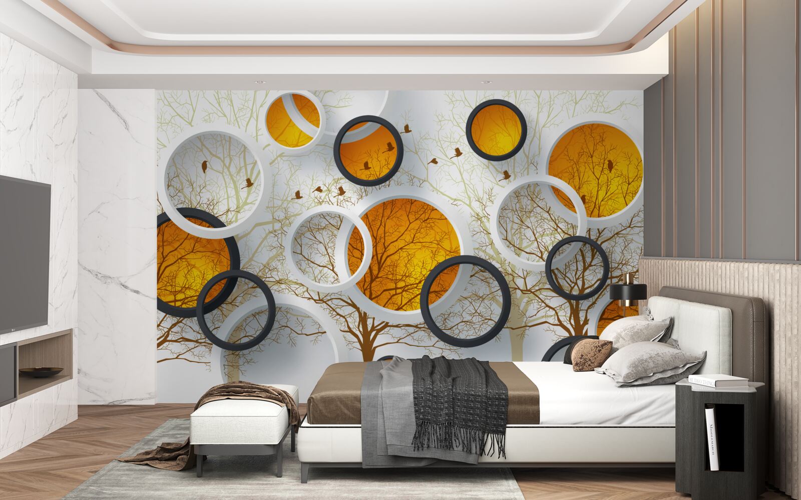 Fototapeta drzewa jesienią i śnieżnobiałe kręgi z bursztynem