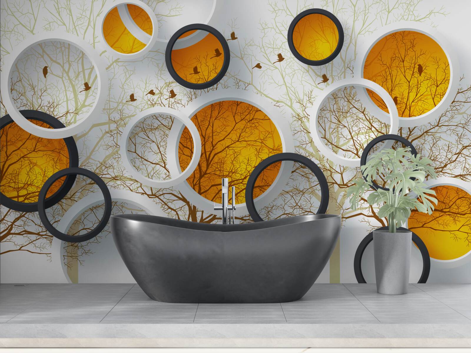 Fototapeta drzewa jesienią i śnieżnobiałe kręgi z bursztynem