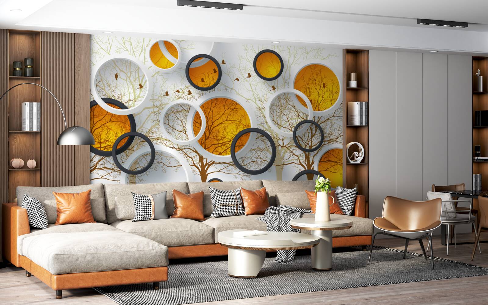 Fototapeta drzewa jesienią i śnieżnobiałe kręgi z bursztynem