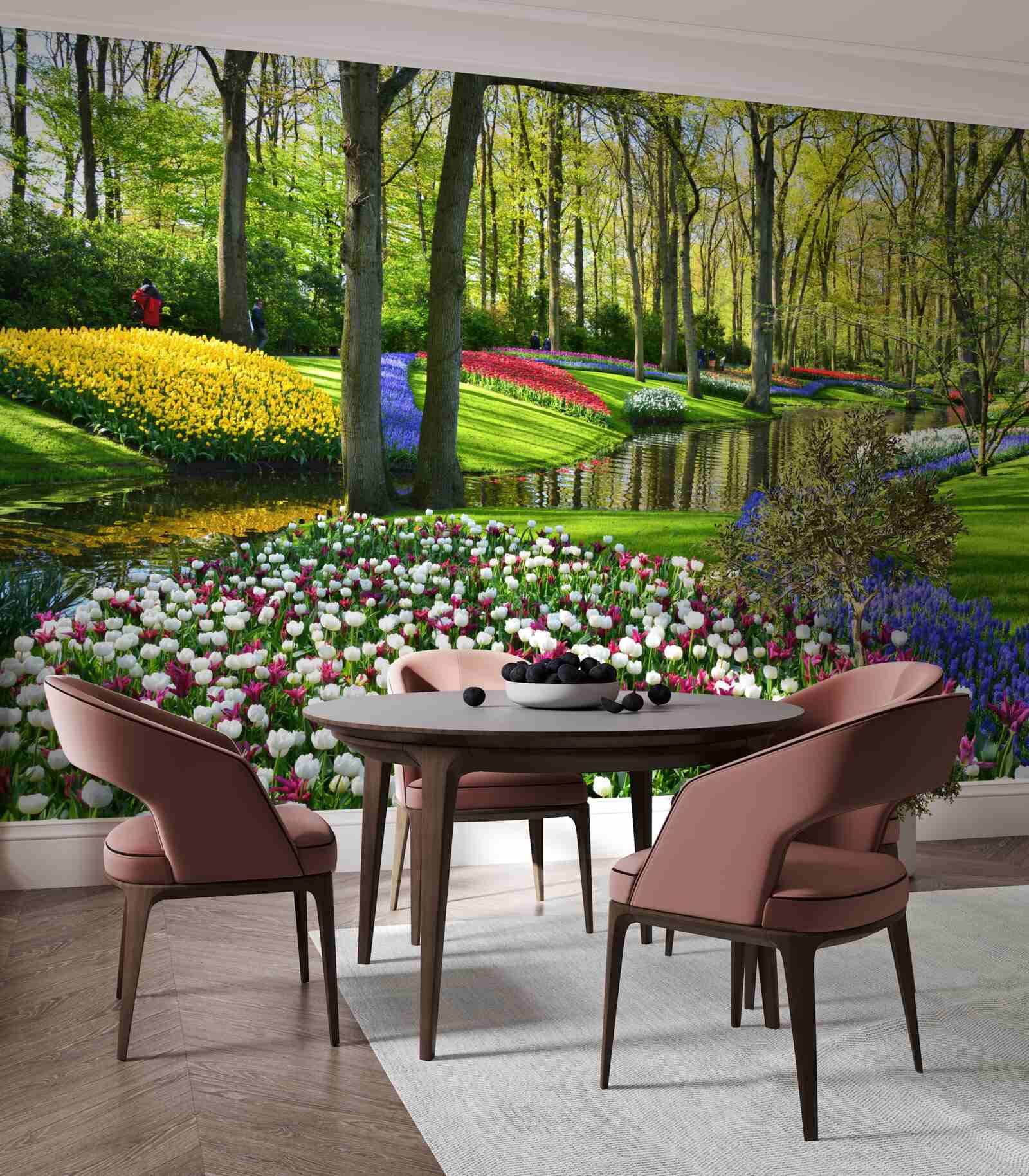 Fototapeta wspaniała ścieżka z tulipanami w pobliżu wody