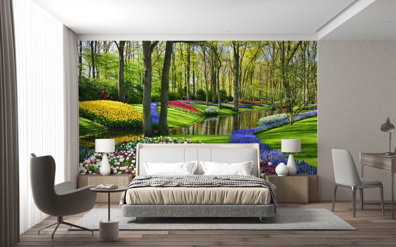 Fototapeta wspaniała ścieżka z tulipanami w pobliżu wody