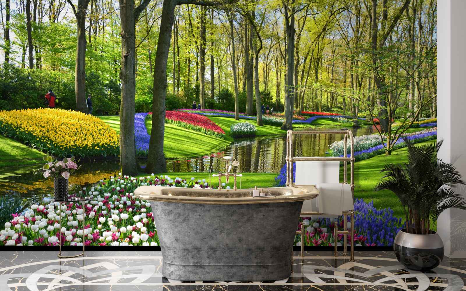 Fototapeta wspaniała ścieżka z tulipanami w pobliżu wody