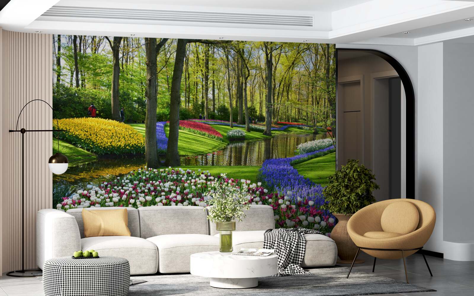 Fototapeta wspaniała ścieżka z tulipanami w pobliżu wody