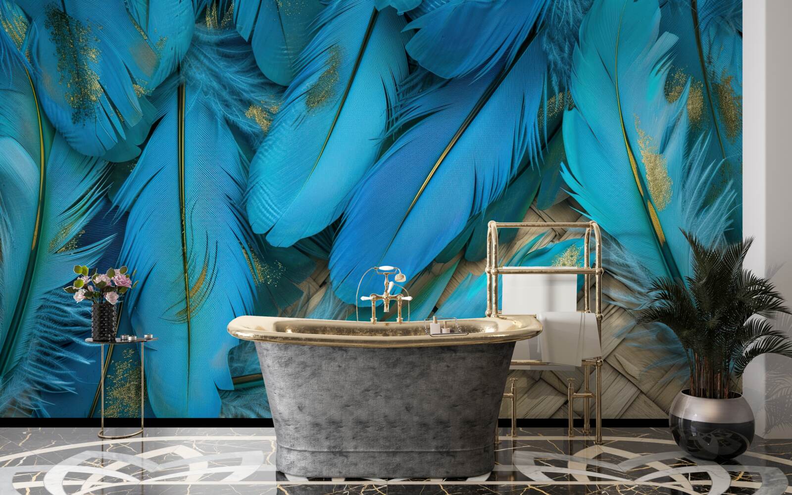 Fototapeta piękne puszyste pióra o bogatym niebieskim kolorze