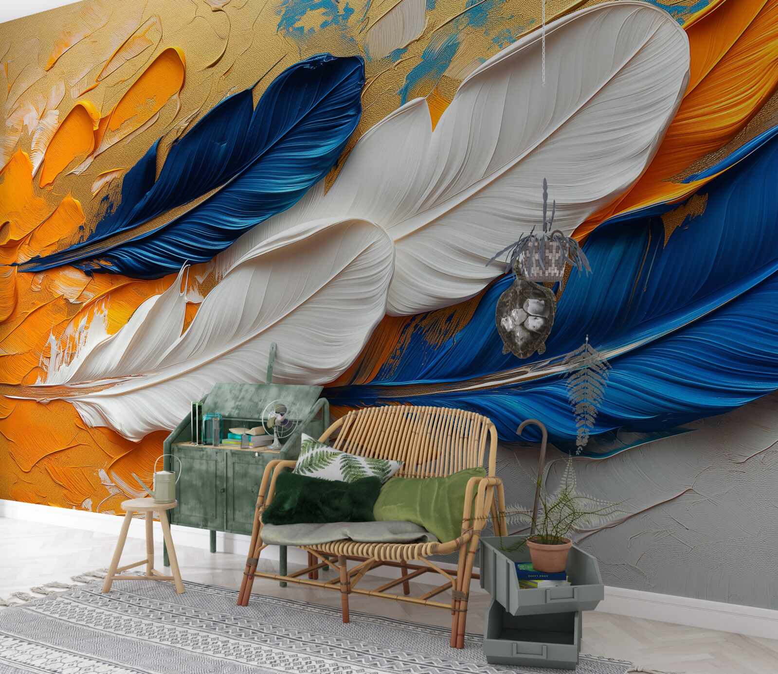 Fototapeta maluj białymi i niebieskimi piórami