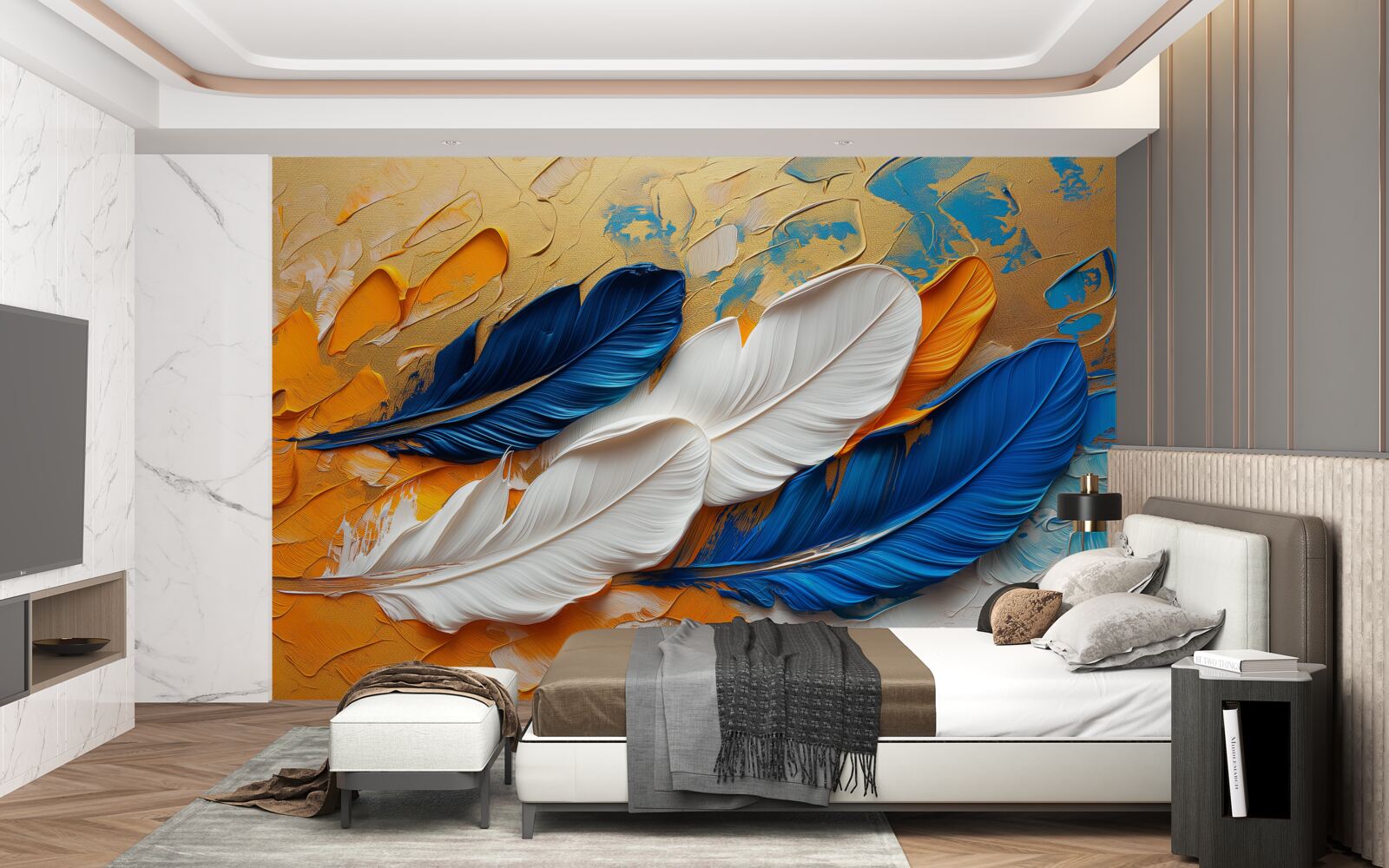 Fototapeta maluj białymi i niebieskimi piórami