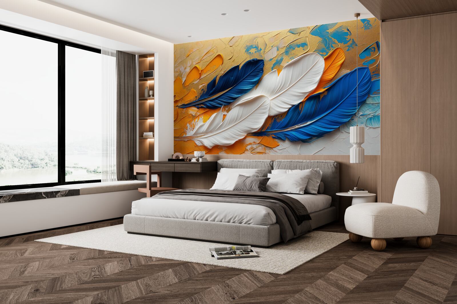 Fototapeta maluj białymi i niebieskimi piórami