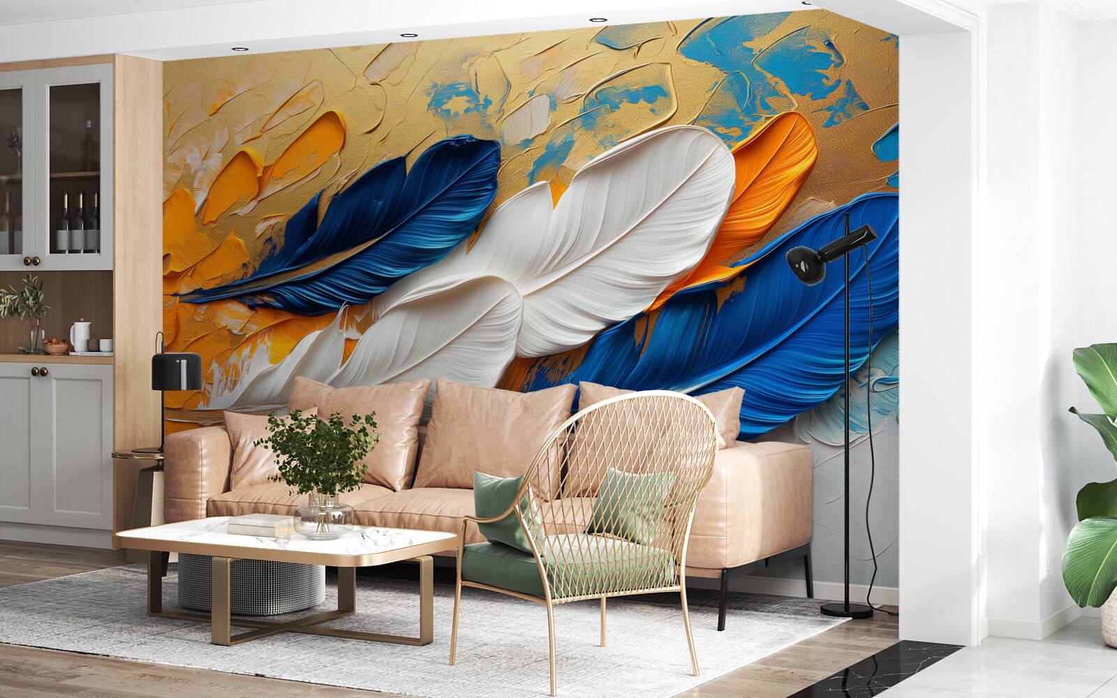 Fototapeta maluj białymi i niebieskimi piórami