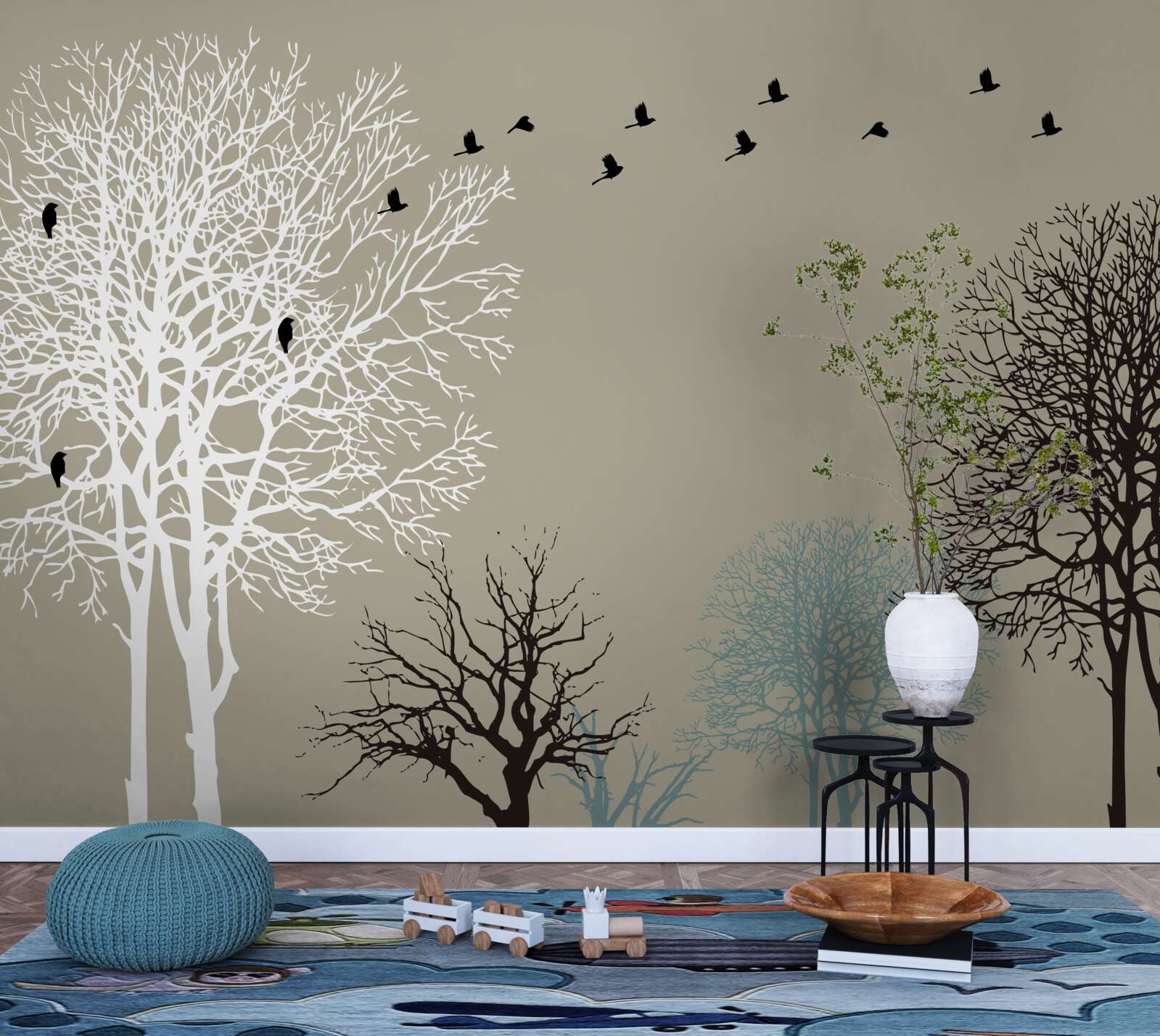 Fototapeta ptaki latają nad wierzchołkami drzew