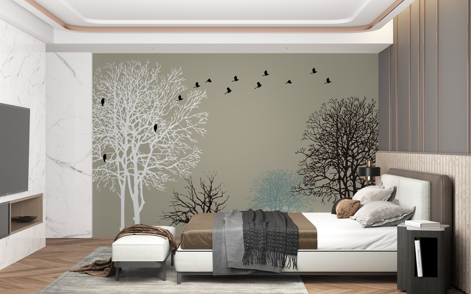 Fototapeta ptaki latają nad wierzchołkami drzew