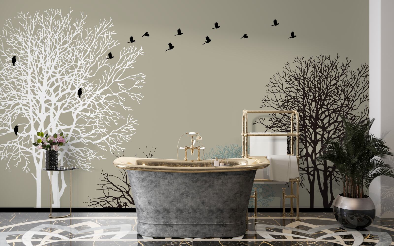 Fototapeta ptaki latają nad wierzchołkami drzew