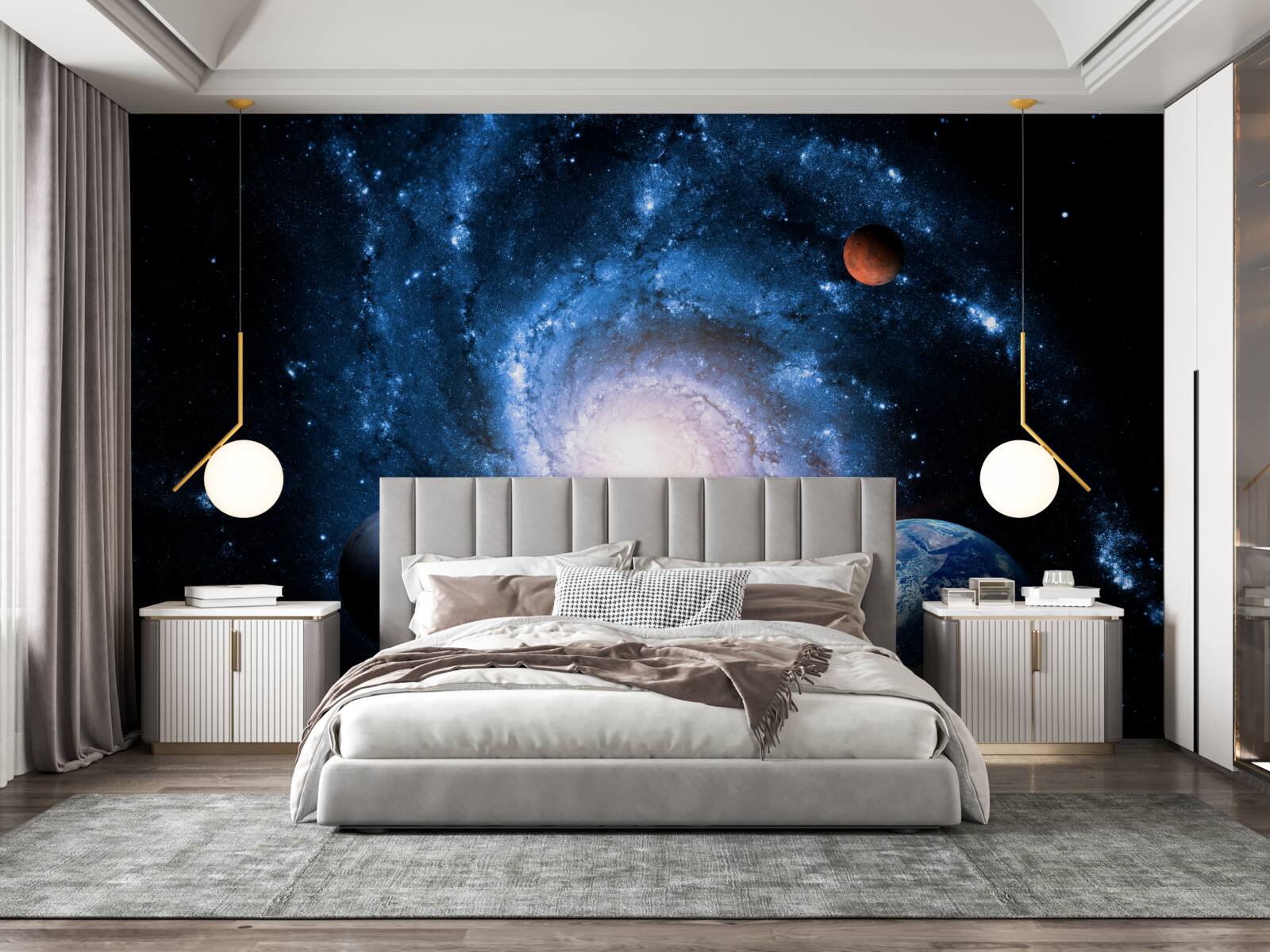 Fototapeta ponura przestrzeń kosmiczna z ciałami niebieskimi
