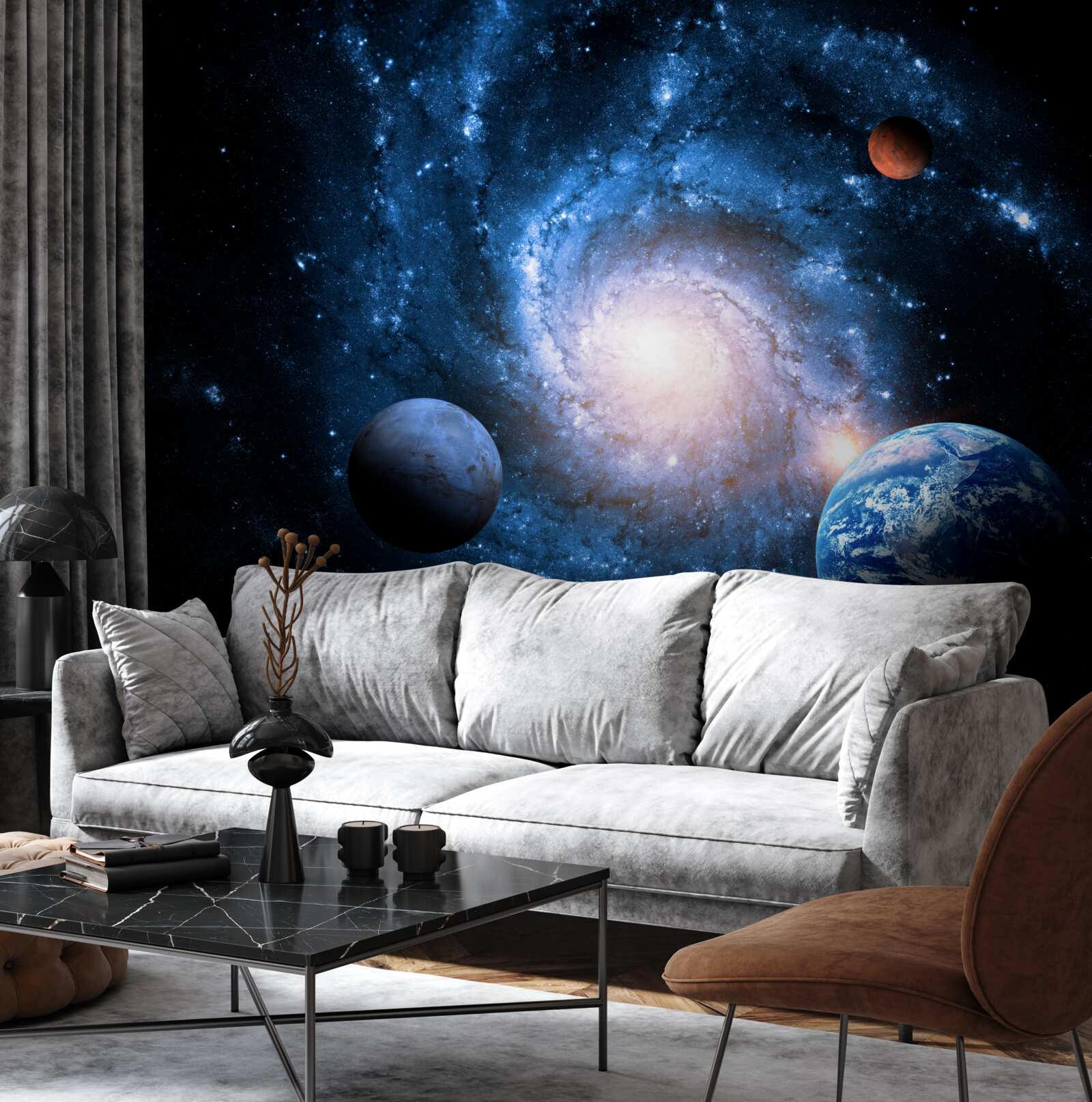 Fototapeta ponura przestrzeń kosmiczna z ciałami niebieskimi
