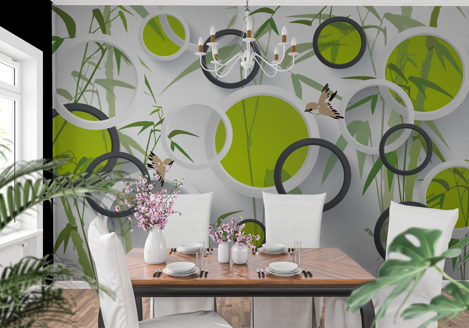 Fototapeta okręgi na roślinach i ptakach