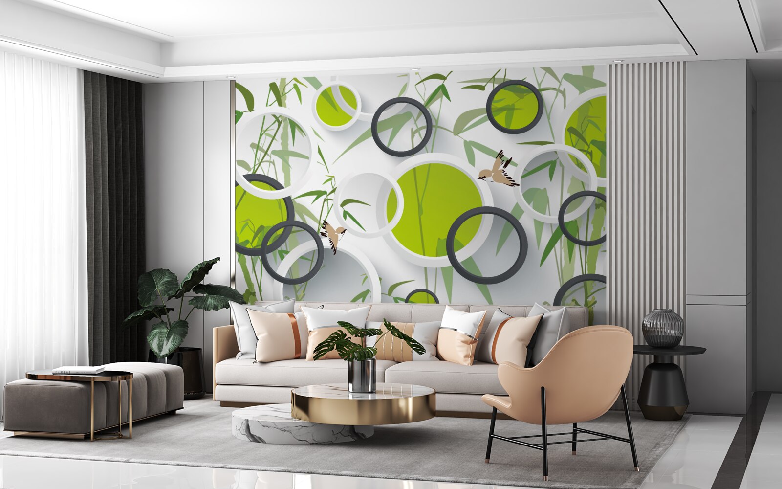 Fototapeta okręgi na roślinach i ptakach