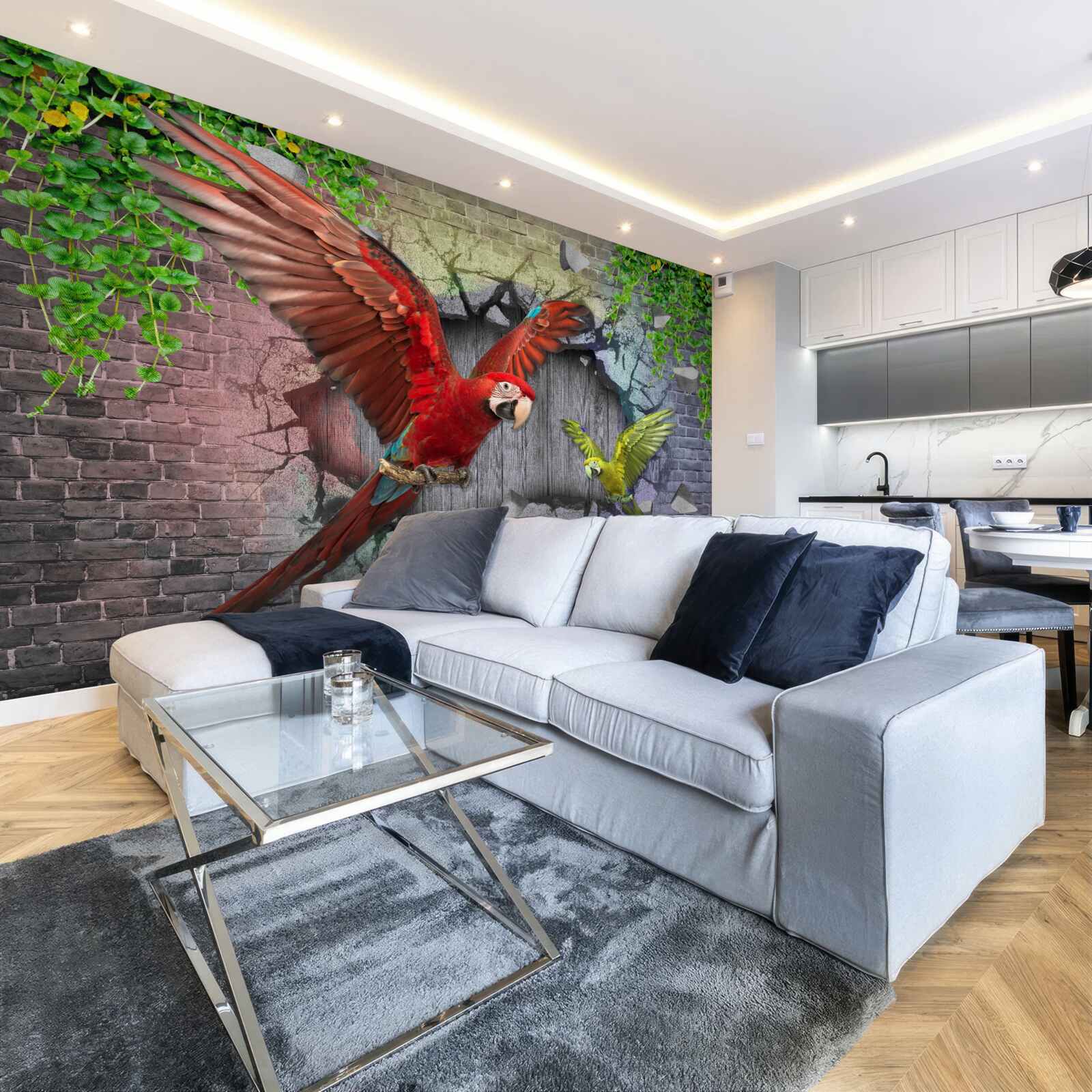 Fototapeta papugi przechodzą przez ścianę