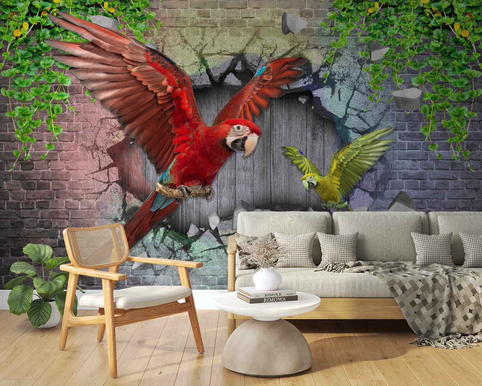 Fototapeta papugi przechodzą przez ścianę