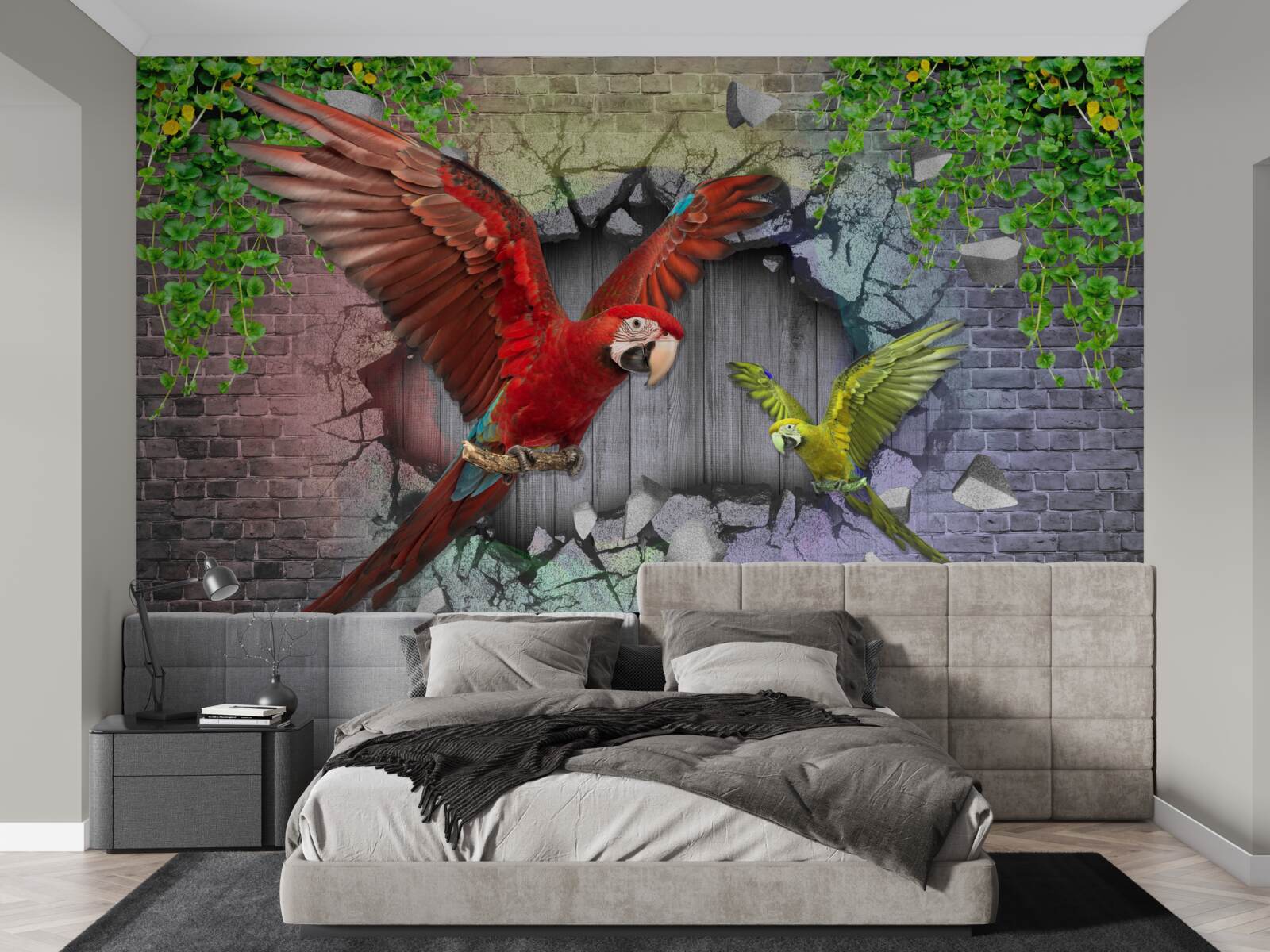 Fototapeta papugi przechodzą przez ścianę