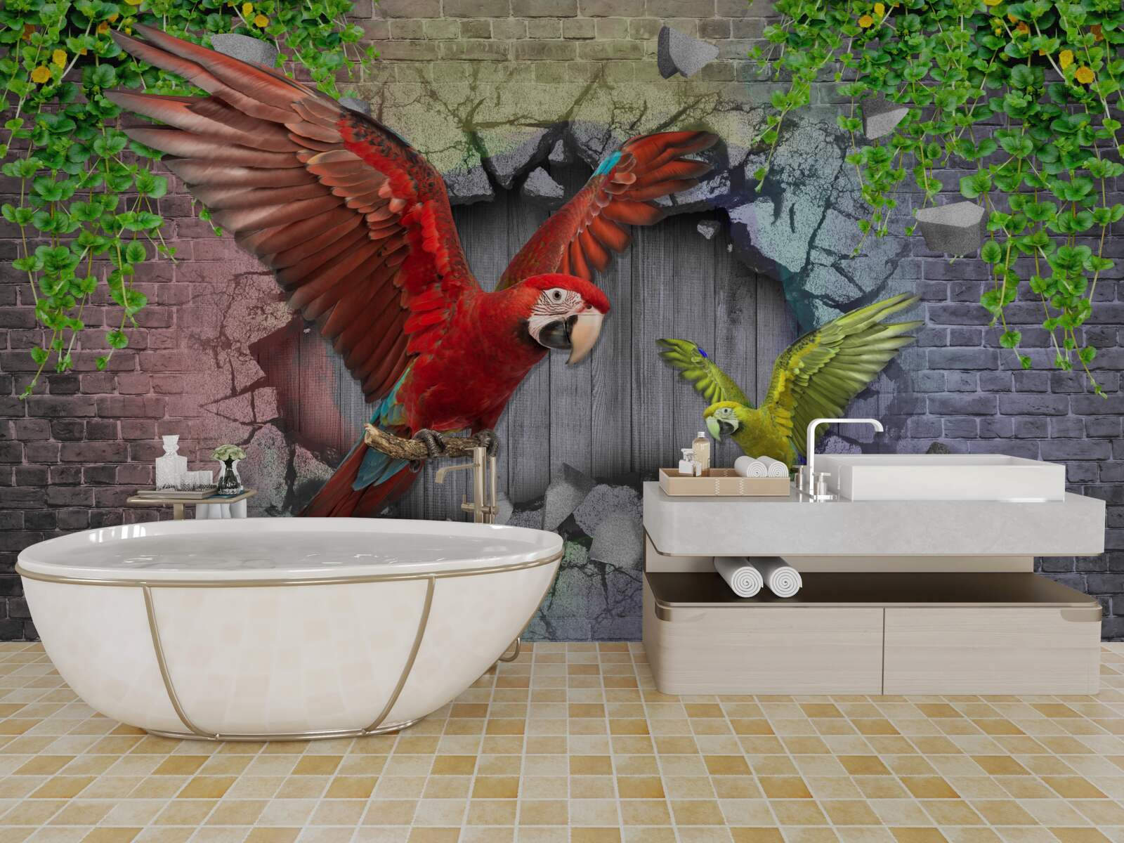 Fototapeta papugi przechodzą przez ścianę