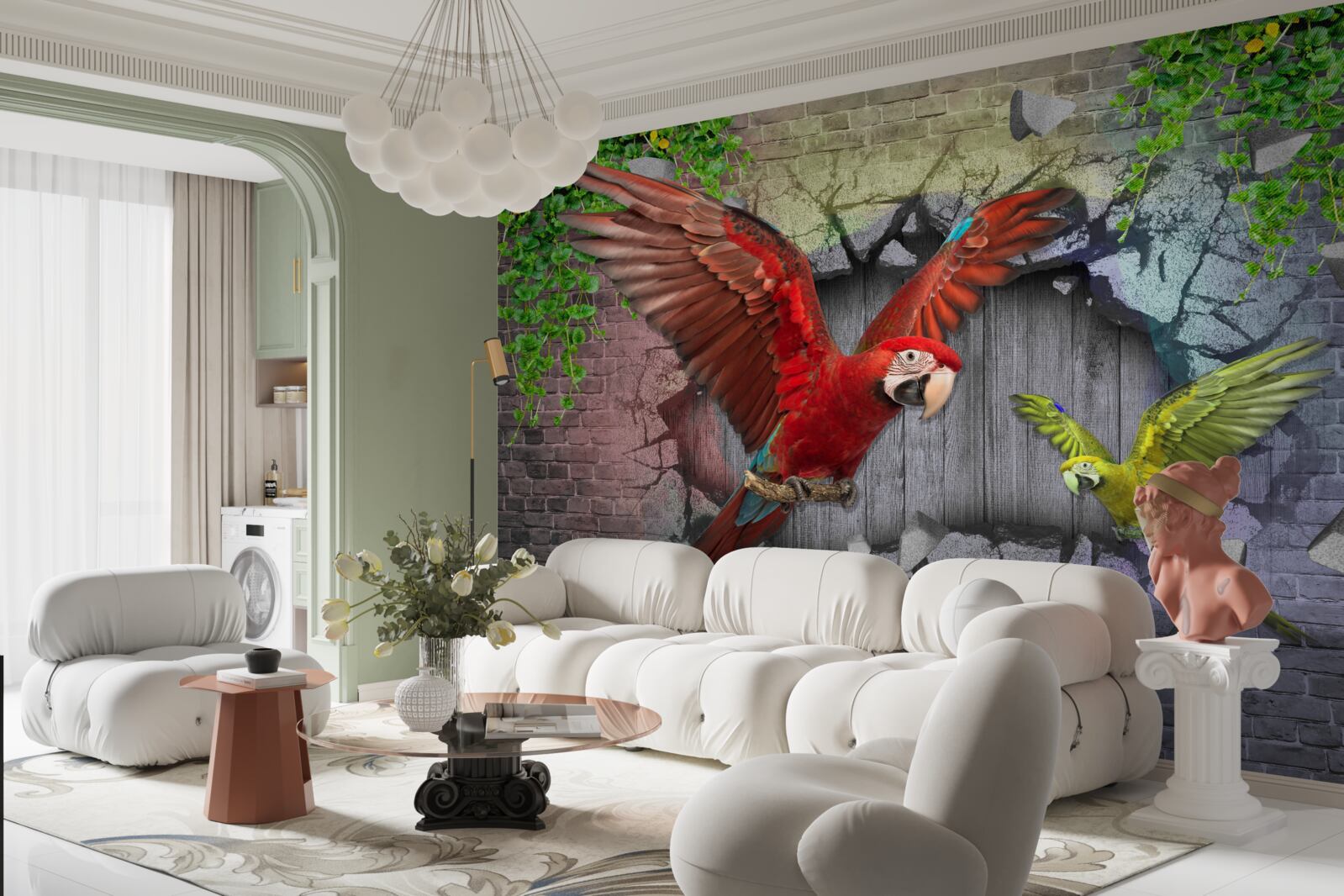 Fototapeta papugi przechodzą przez ścianę