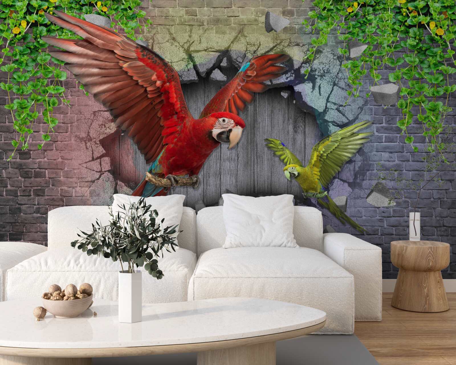Fototapeta papugi przechodzą przez ścianę