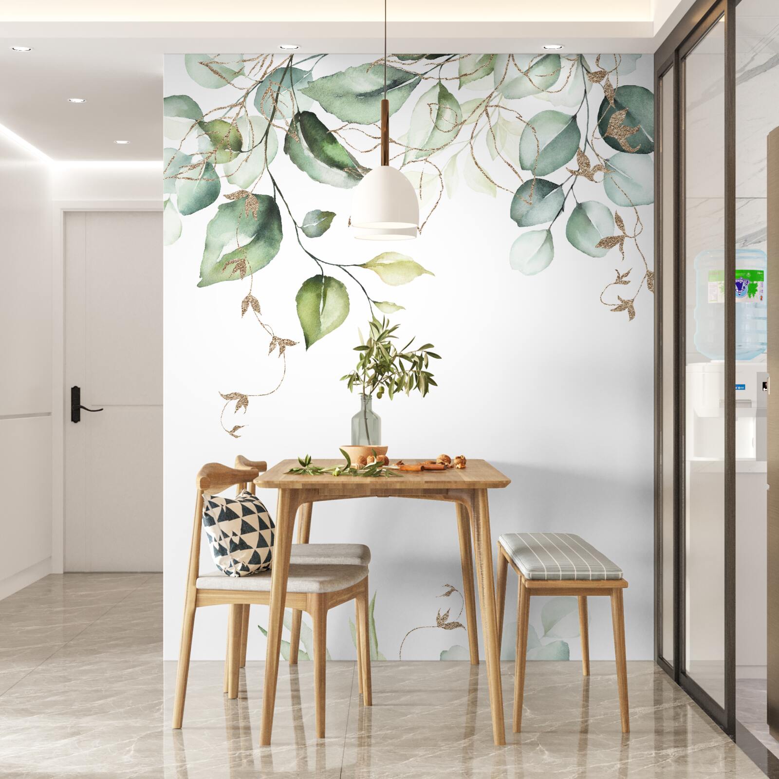 Fototapeta akwarela z zielonymi liśćmi na białym tle