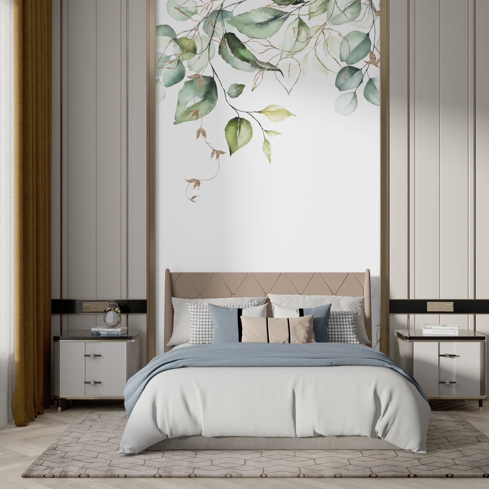 Fototapeta akwarela z zielonymi liśćmi na białym tle