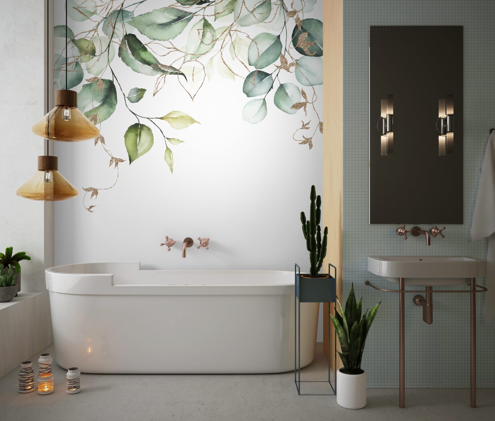 Fototapeta akwarela z zielonymi liśćmi na białym tle