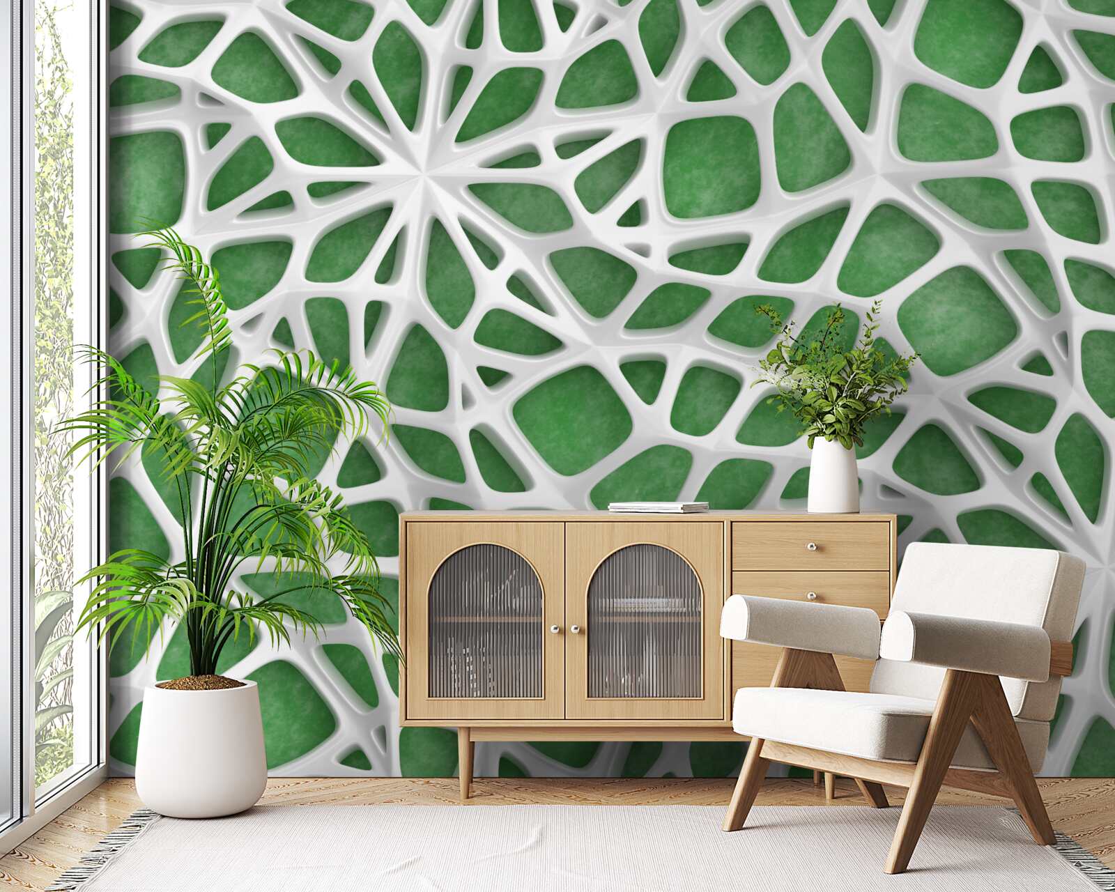 Fototapeta na zielonym tle znajduje się duża biała pajęczyna