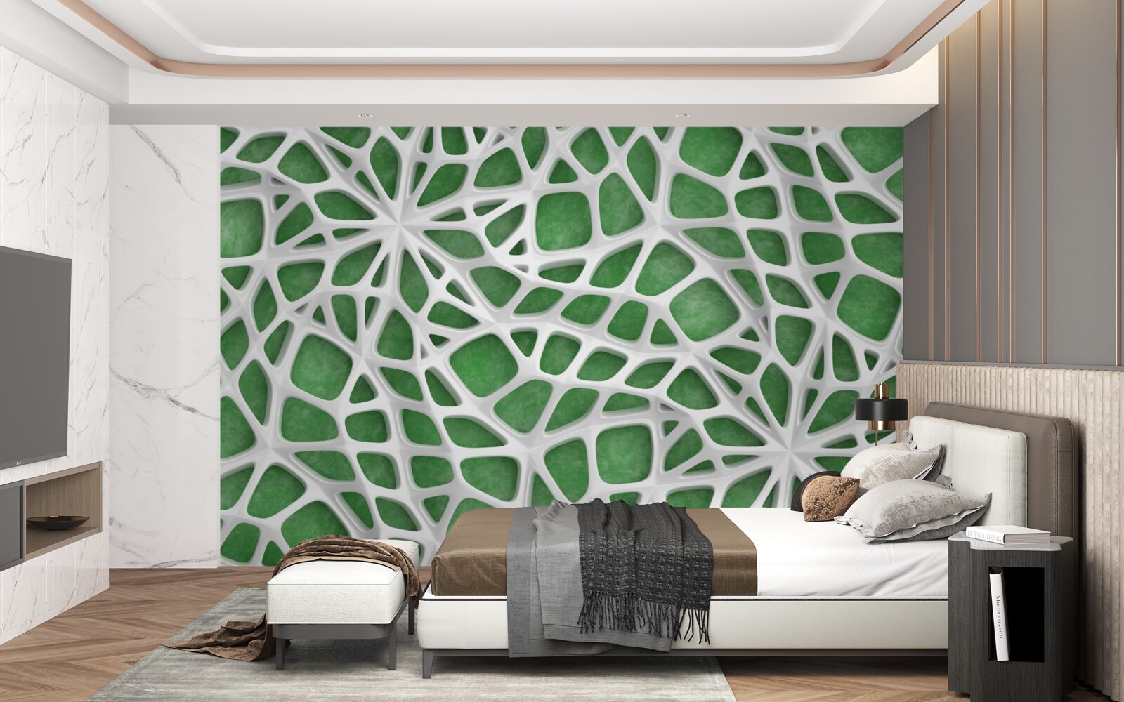 Fototapeta na zielonym tle znajduje się duża biała pajęczyna