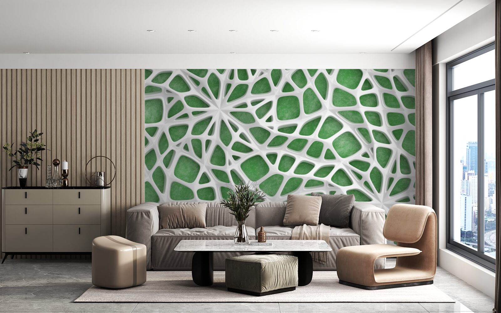 Fototapeta na zielonym tle znajduje się duża biała pajęczyna