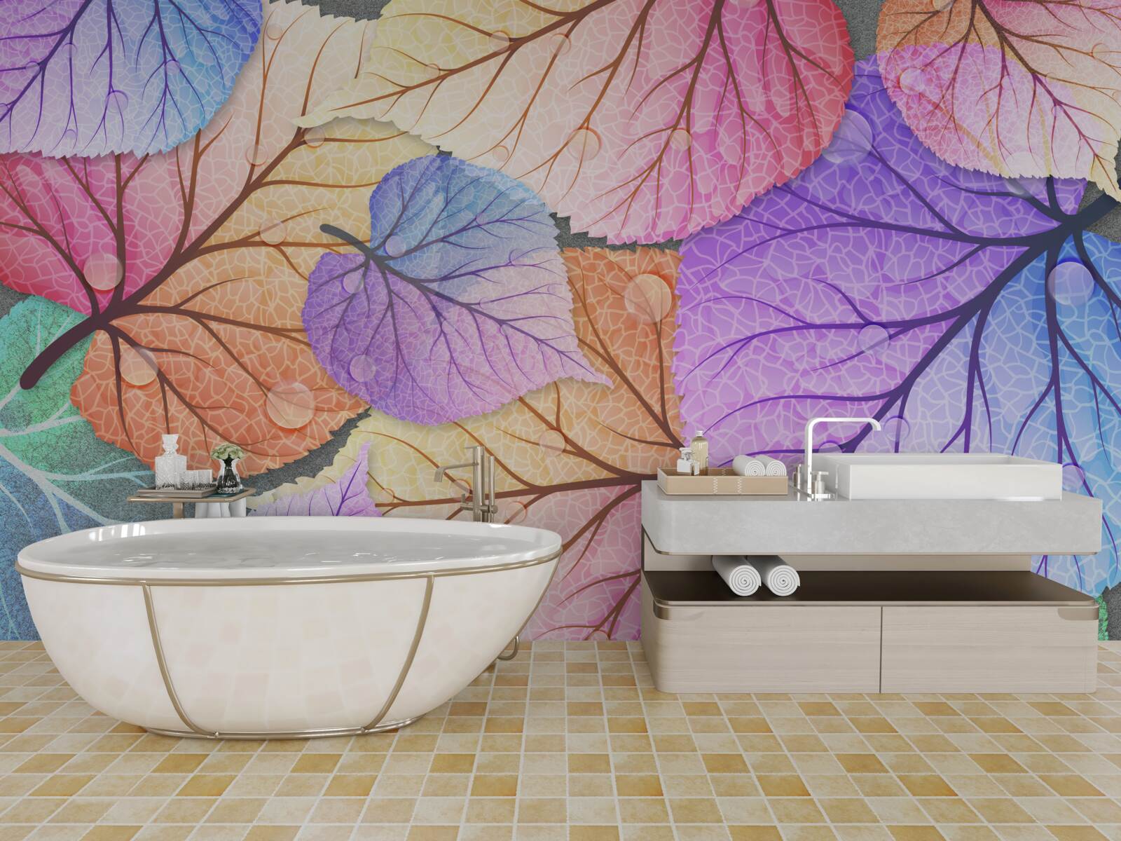 Fototapeta jesienne liście pomalowane w jasnych kolorach