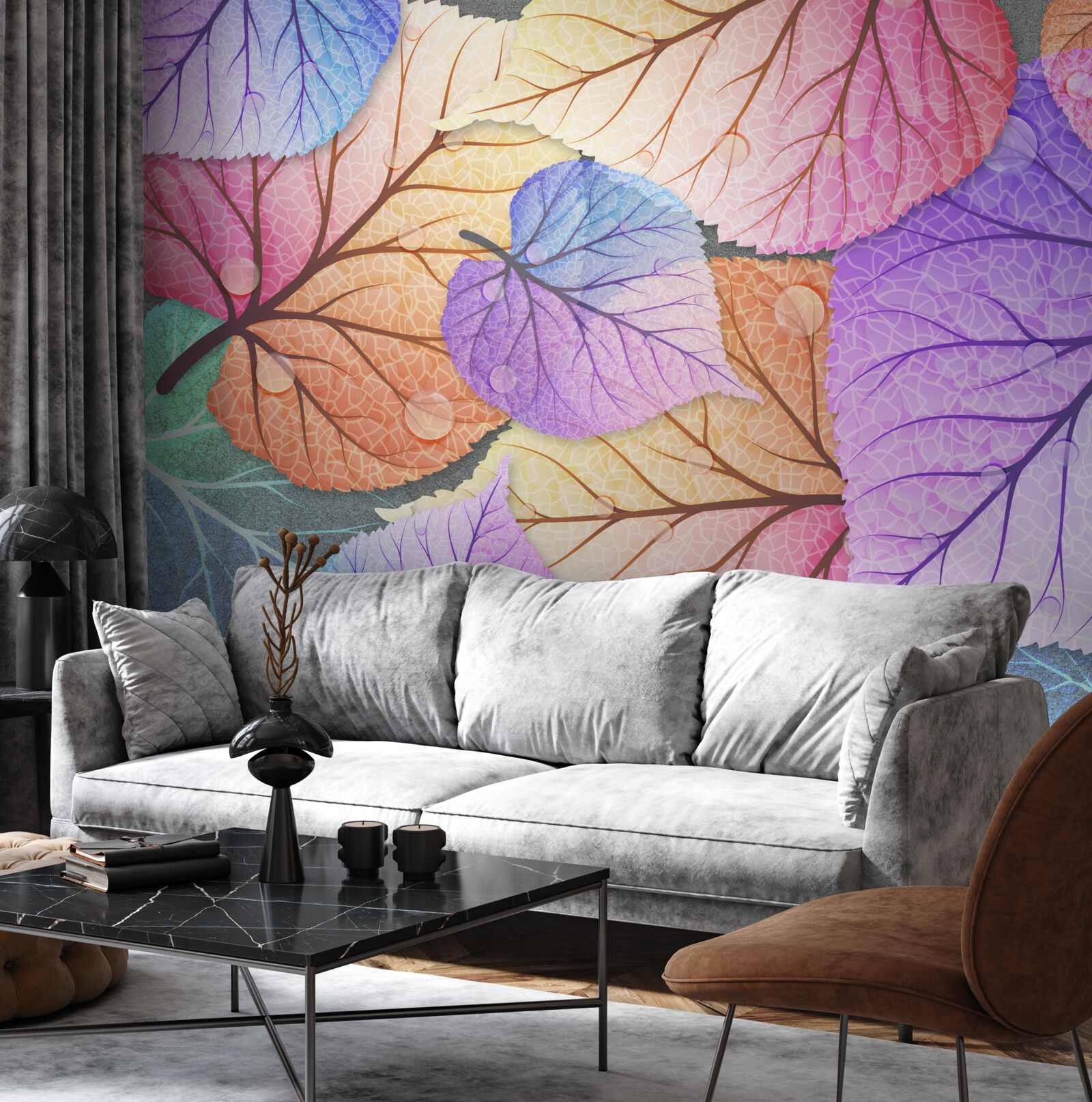 Fototapeta jesienne liście pomalowane w jasnych kolorach