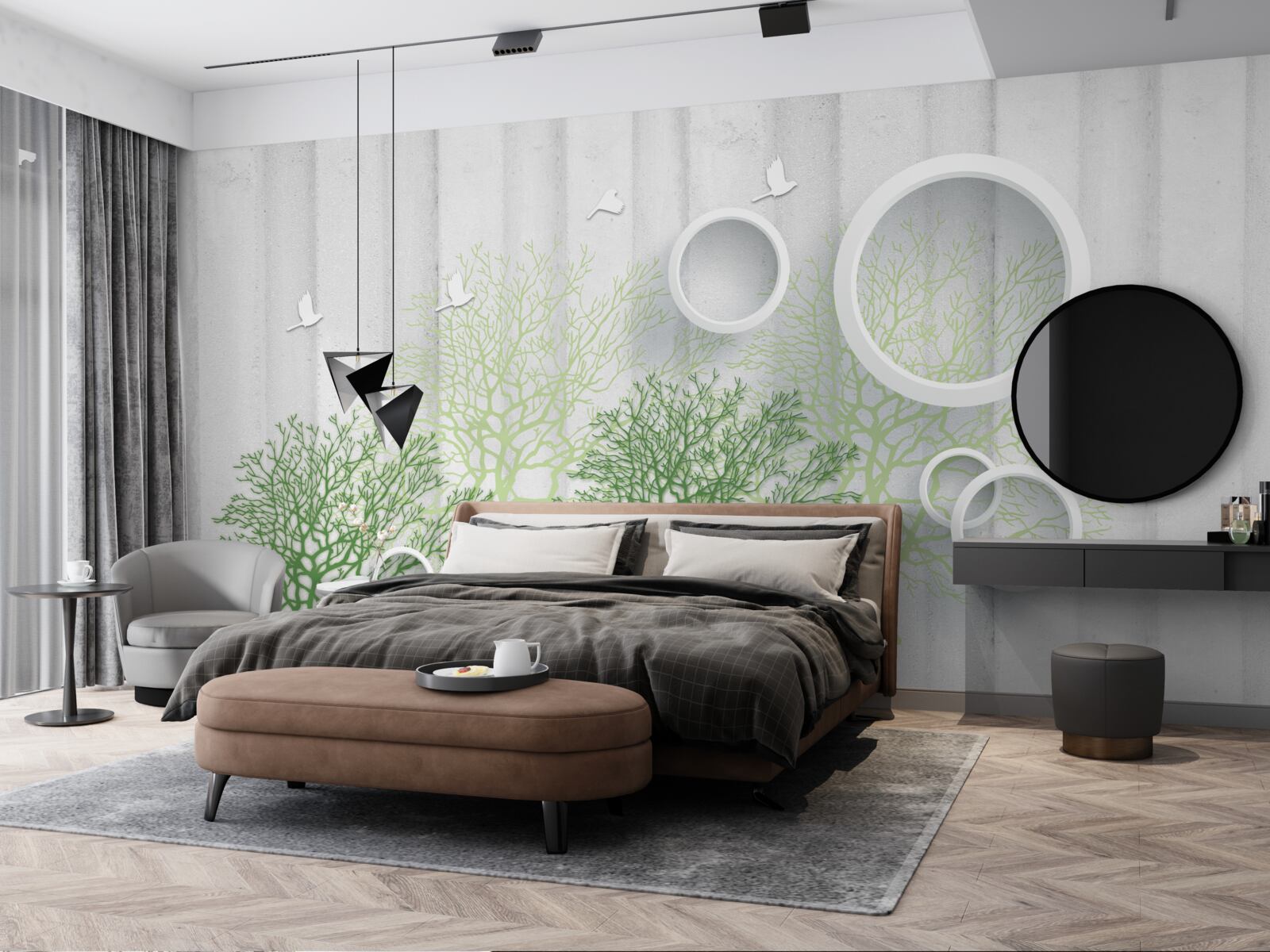 Fototapeta smukłe drzewa z zielonymi liśćmi i śnieżnobiałymi kółkami