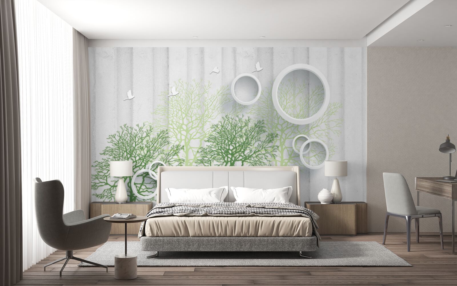 Fototapeta smukłe drzewa z zielonymi liśćmi i śnieżnobiałymi kółkami