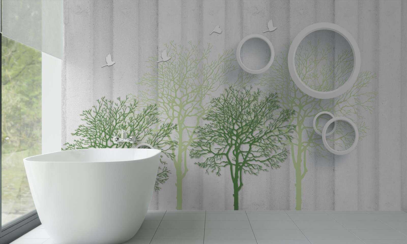 Fototapeta smukłe drzewa z zielonymi liśćmi i śnieżnobiałymi kółkami