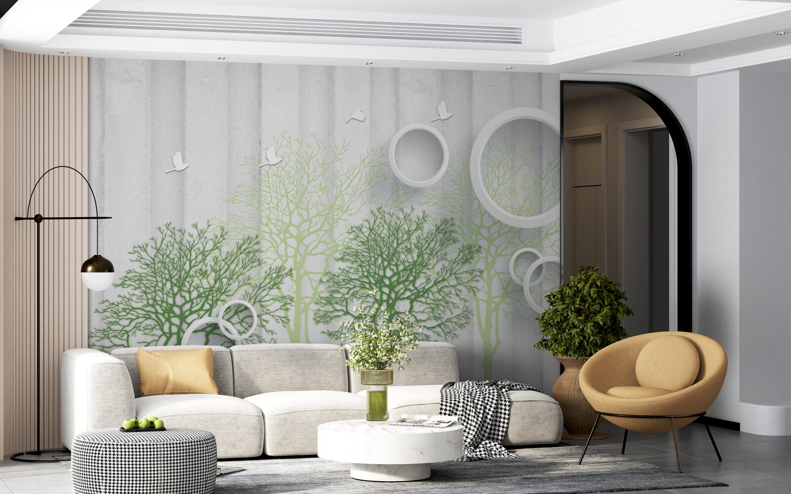 Fototapeta smukłe drzewa z zielonymi liśćmi i śnieżnobiałymi kółkami