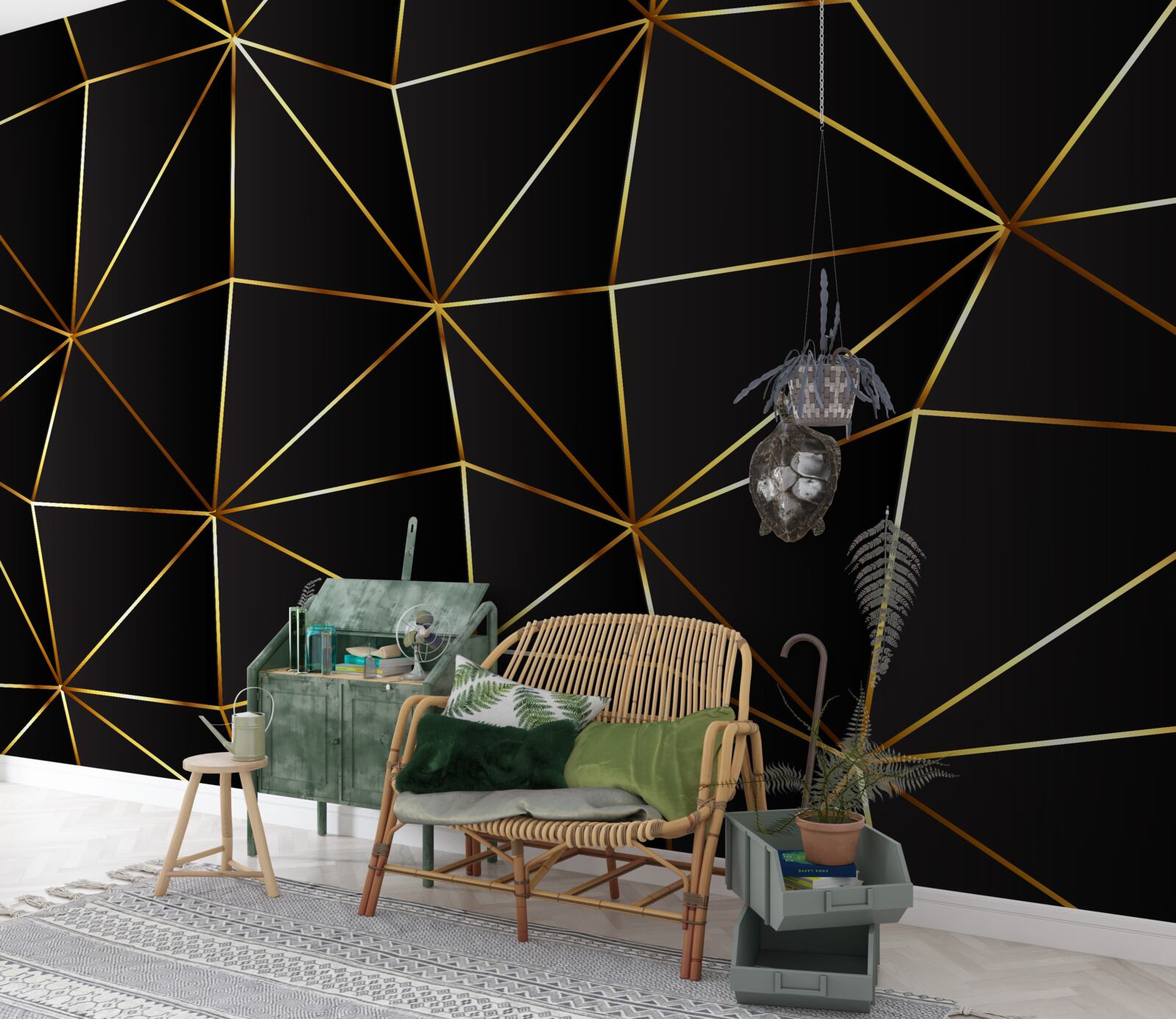 Fototapeta złote elementy na czarnym tle trójkątów