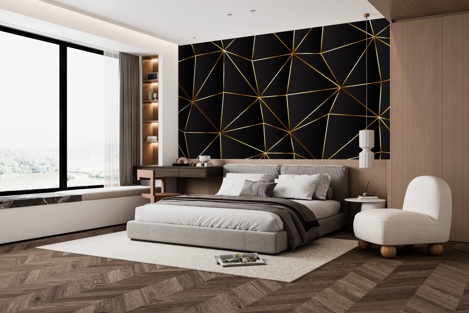 Fototapeta złote elementy na czarnym tle trójkątów