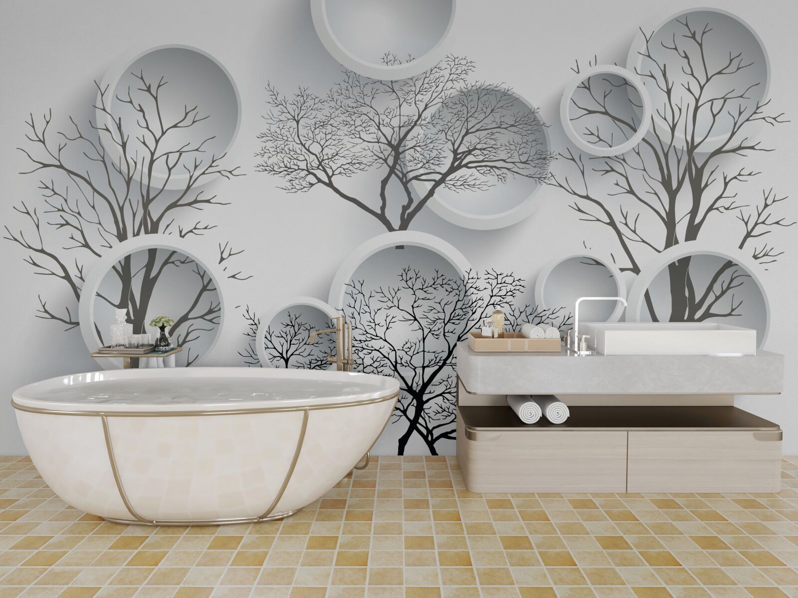 Fototapeta białe kółka i drzewa