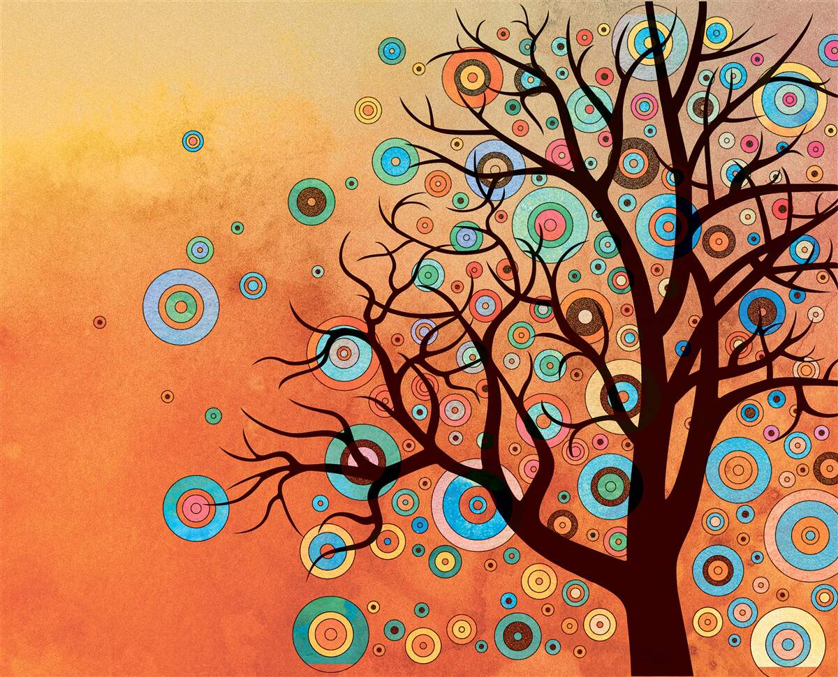 Fototapeta drzewo w abstrakcyjnym stylu na tle zachodu słońca