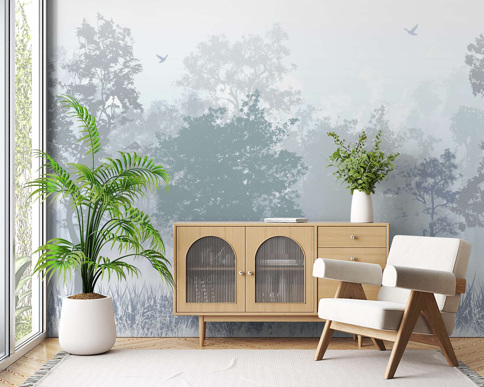 Fototapeta poranny las spowity mgłą