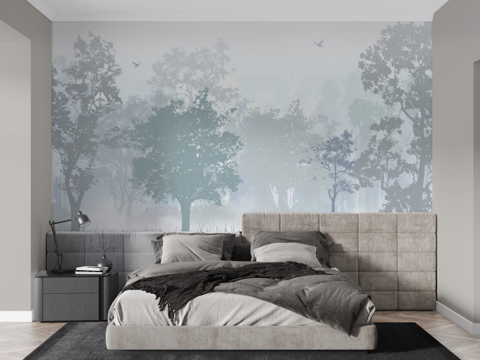 Fototapeta poranny las spowity mgłą