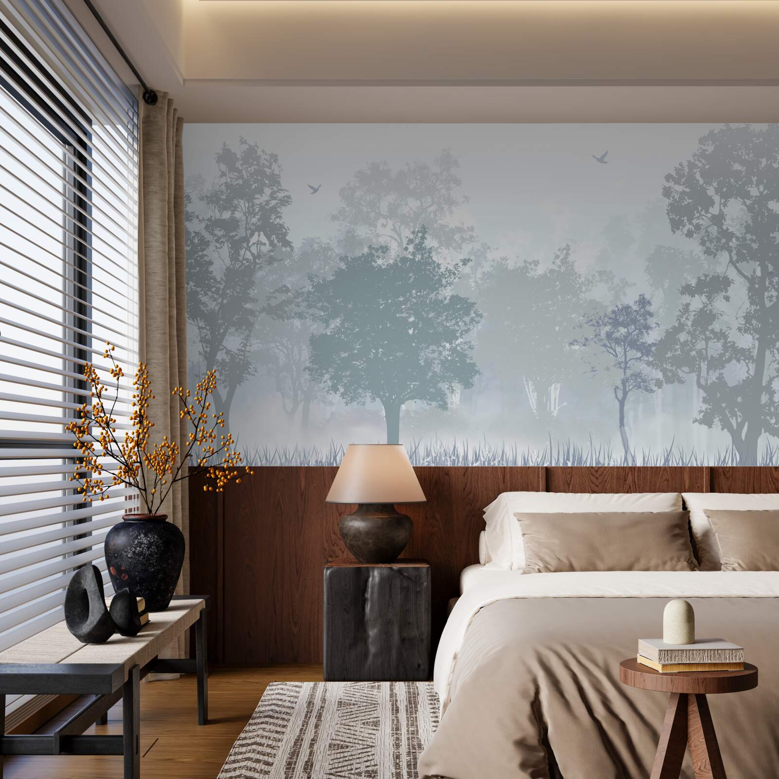 Fototapeta poranny las spowity mgłą