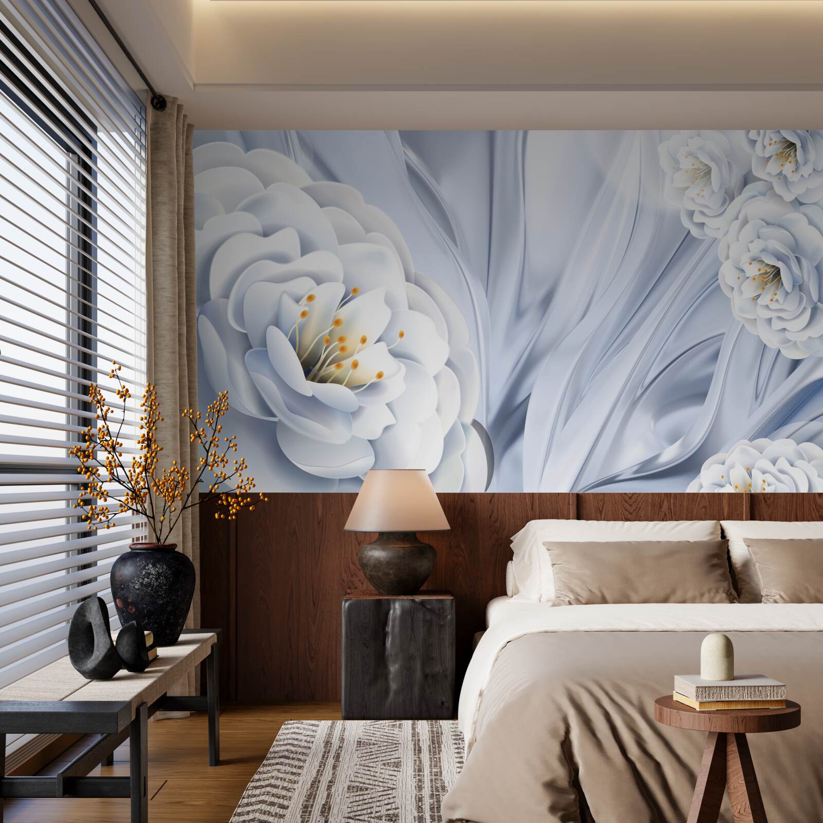 Fototapeta duże śnieżnobiałe pąki i zielone liście