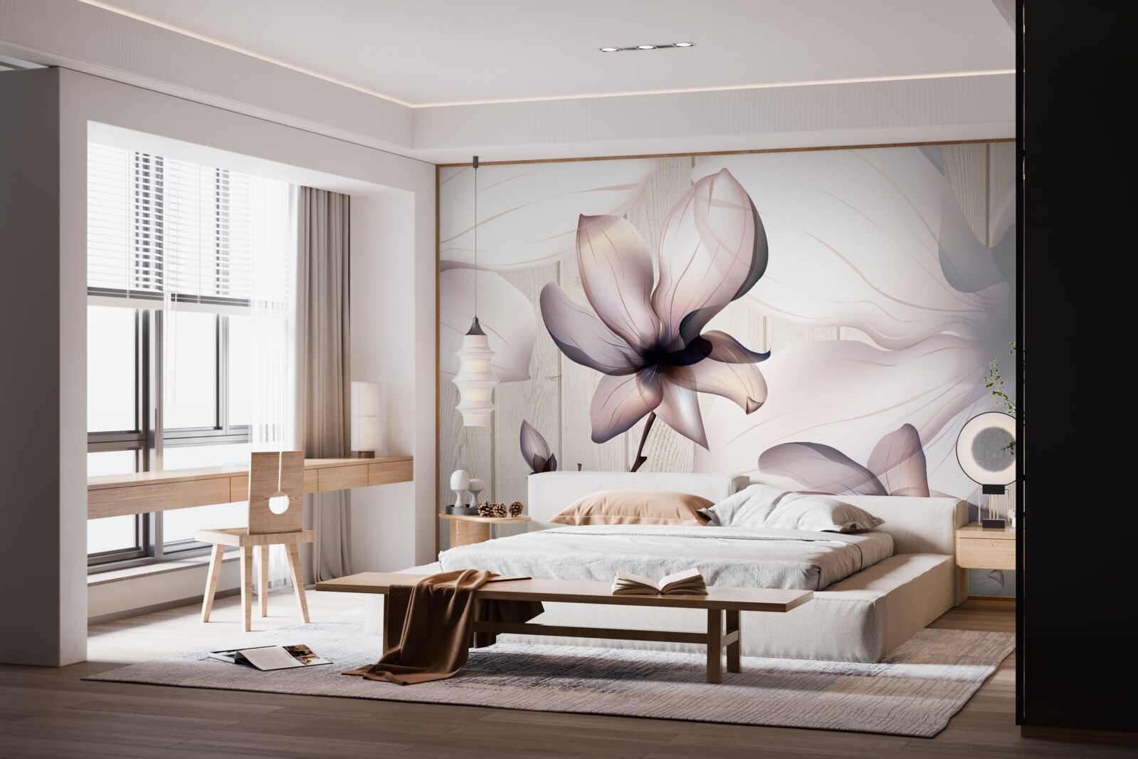 Fototapeta duże jasne kwiaty na drzewie