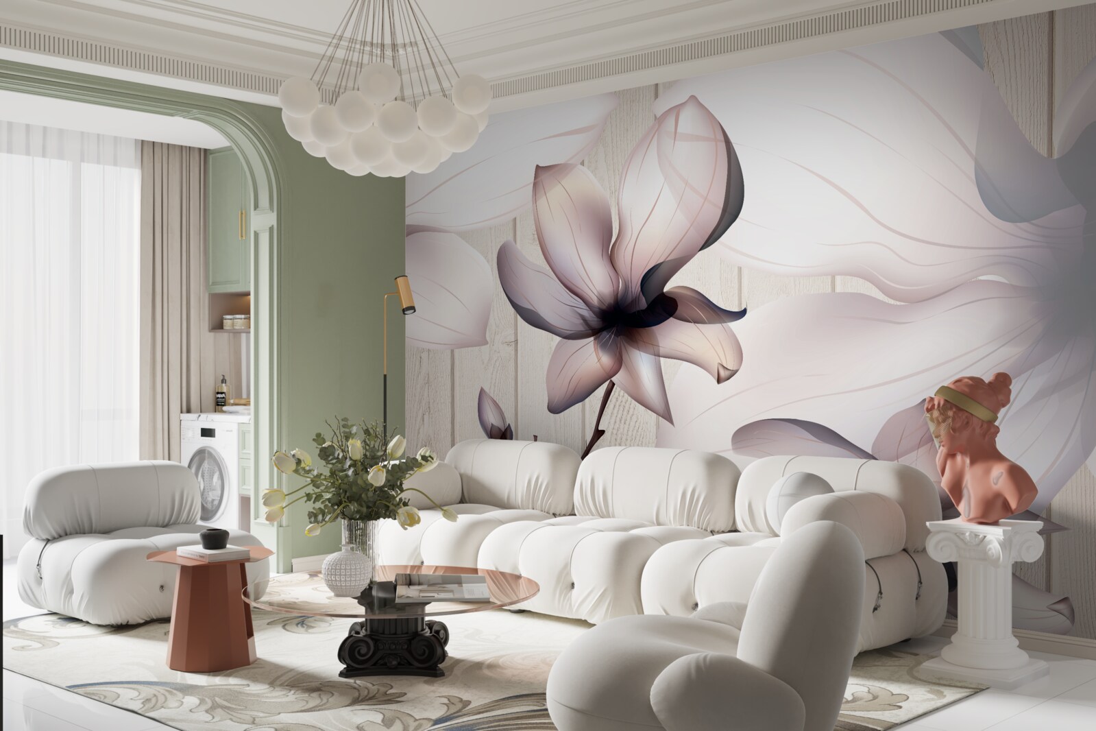 Fototapeta duże jasne kwiaty na drzewie