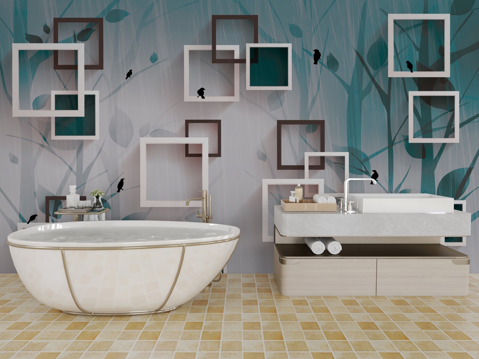 Fototapeta kwadraty w śnieżnobiałym kolorze na tle krajobrazu