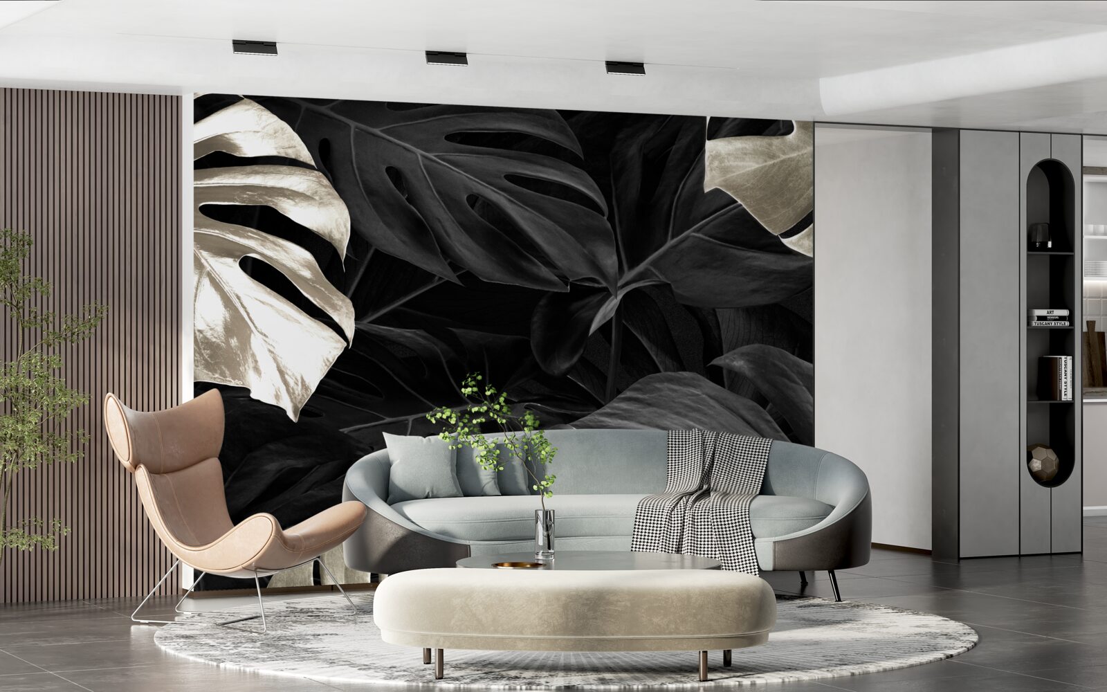 Fototapeta Śnieżnobiałe liście monstery na czarnym tle