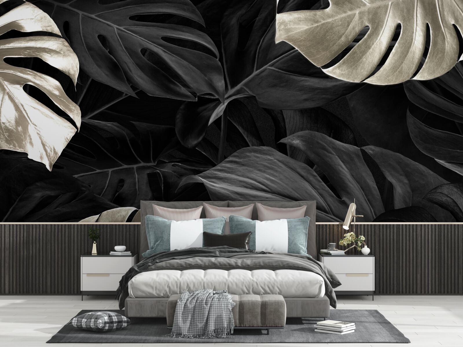 Fototapeta Śnieżnobiałe liście monstery na czarnym tle